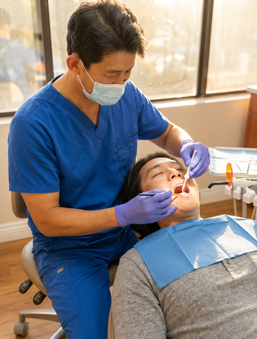 A dentist in blue scrubs and a mask applies dental sealant to a patient's teeth using a small brush while the patient reclines in the chair with a blue bib at Choi & Lee Family Dentistry in La Verne, CA.