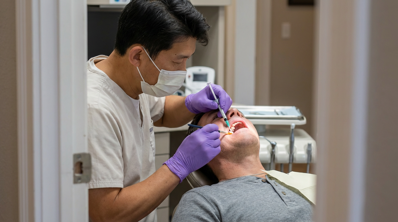 A dentist wearing purple gloves and a blue mask applies dental sealant to a reclined patient's teeth using a syringe and curing light, with dental instruments visible in the background at Choi & Lee Family Dentistry in La Verne, CA.