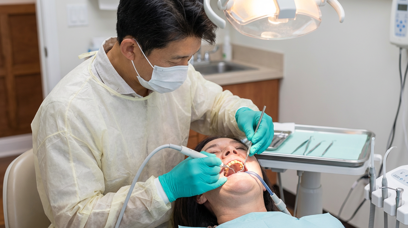 Male dentist wearing a protective gown and green gloves performing a professional cleaning on an adult patient using an ultrasonic scaler and dental mirror at Choi & Lee Family Dentistry in La Verne, CA