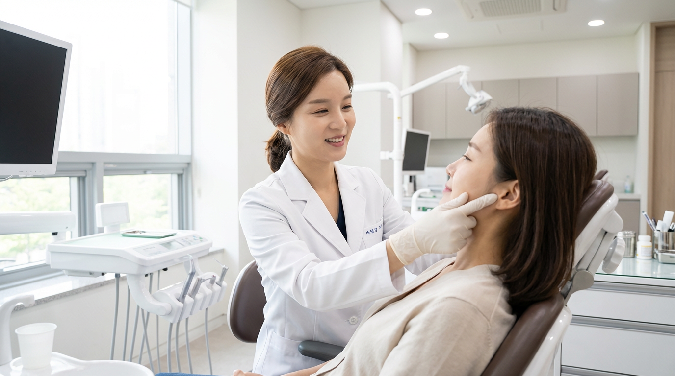 A dentist in a white coat and gloves gently examines a seated patient's jaw and cheek area during a TMJ consultation in a bright, modern dental operatory at Choi & Lee Family Dentistry in La Verne, CA.