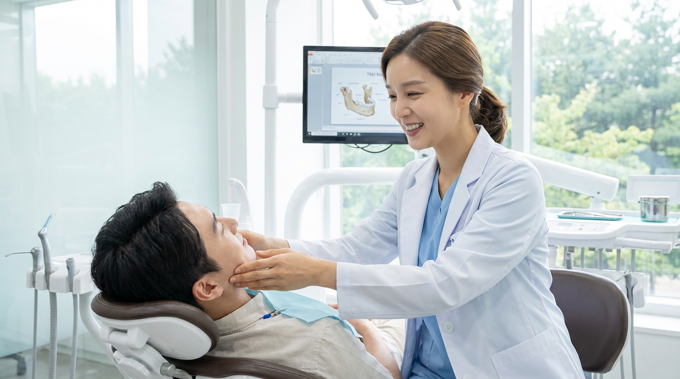 A dentist in a white coat gently palpates a seated patient's jaw joint during a TMJ evaluation, with a diagram of the temporomandibular joint visible on a monitor at Choi & Lee Family Dentistry in La Verne, CA.