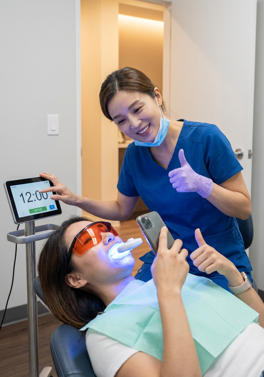 A dental provider and patient both give a thumbs up during an in office teeth whitening treatment, with a blue light whitening device active at Choi & Lee Family Dentistry in La Verne, CA.