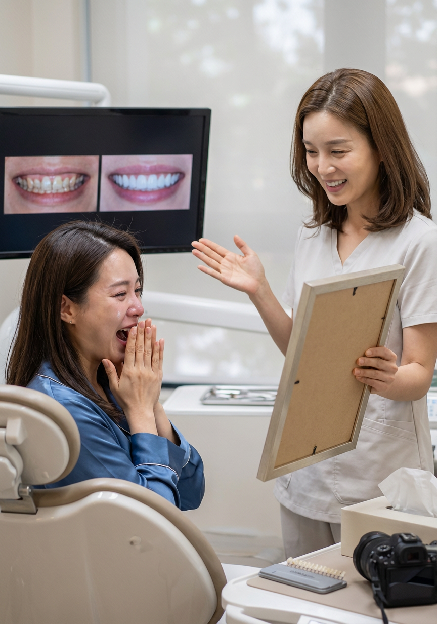 A dental team member holds a mirror toward a patient who reacts with delight to her smile transformation, with a before and after comparison displayed on a monitor at Choi & Lee Family Dentistry in La Verne, CA.