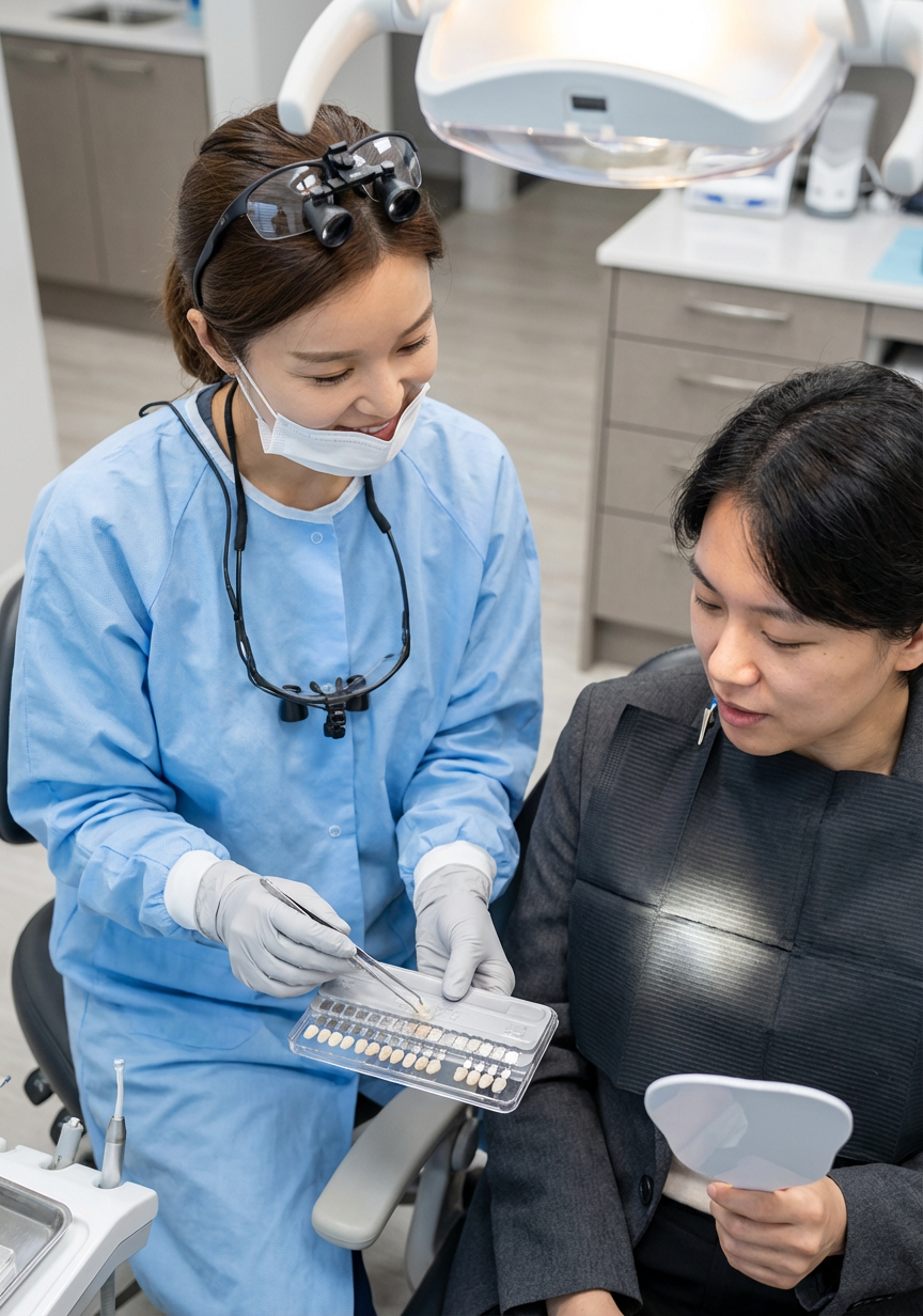 A dentist wearing loupes and a surgical gown uses tweezers to present veneer shade samples from a tray to a seated patient who examines the options in a hand mirror at Choi & Lee Family Dentistry in La Verne, CA.