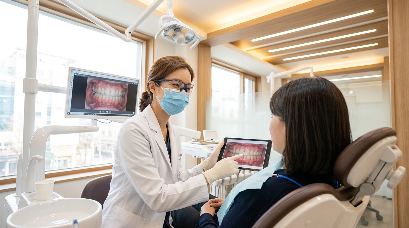 A dentist in a white coat, protective eyewear, and a blue mask shows a patient an intraoral image on a tablet during a consultation, with a close up smile image displayed on a monitor at Choi & Lee Family Dentistry in La Verne, CA.
