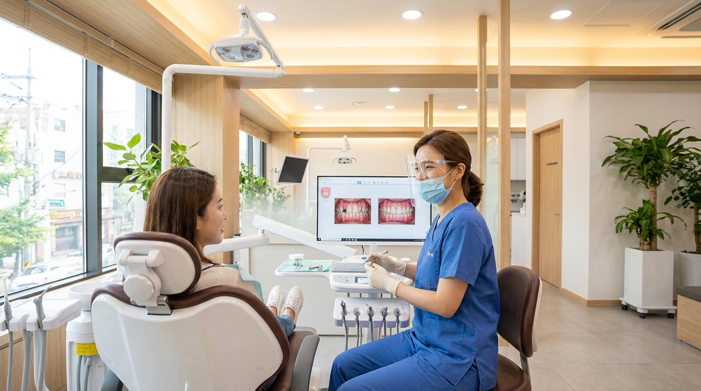 A dental team member in blue scrubs and a face shield reviews intraoral comparison images on a monitor while consulting with a patient seated in the dental chair at Choi & Lee Family Dentistry in La Verne, CA.