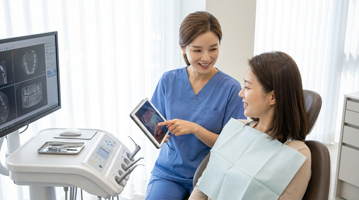 Dentist at Choi & Lee Family Dentistry in La Verne, CA showing a patient her dental images on a tablet during a follow up exam.