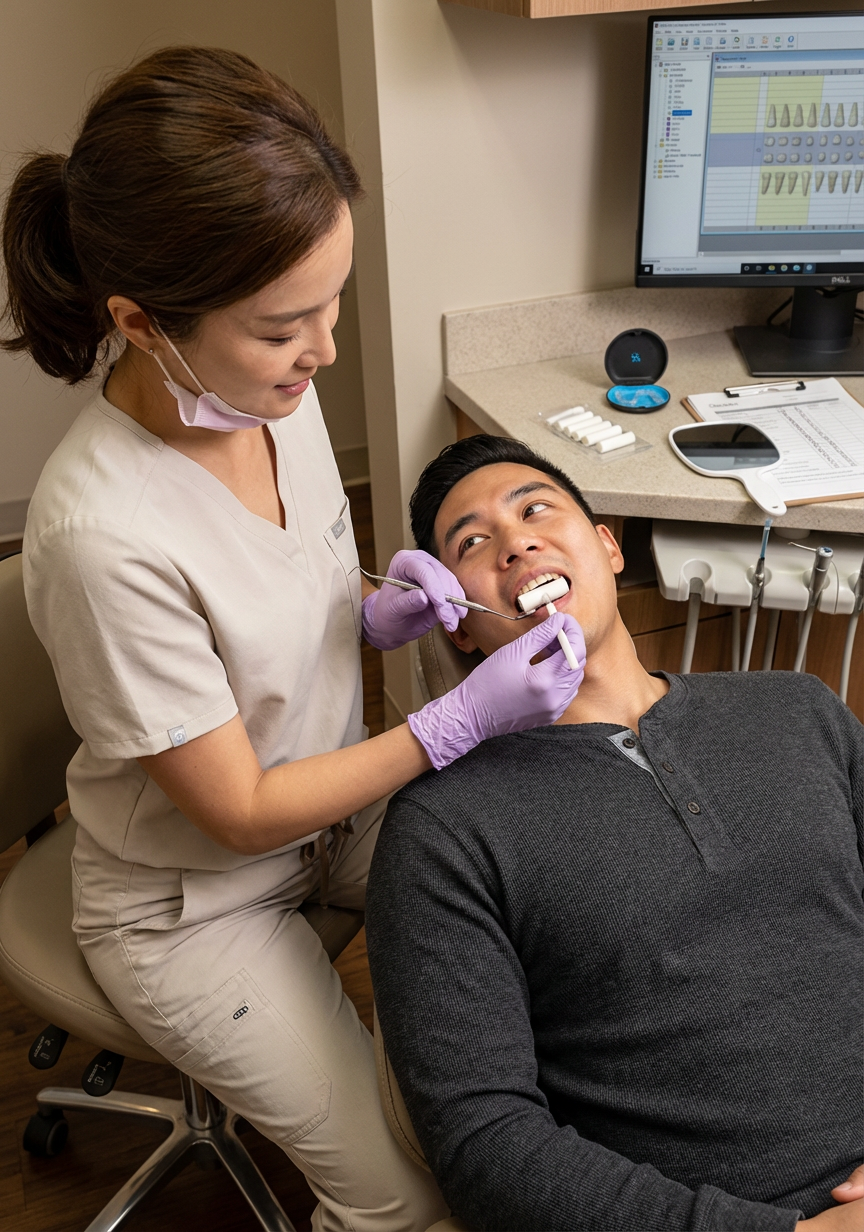 Dentist at Choi & Lee Family Dentistry in La Verne, CA matching a shade guide to a patient's teeth during a cosmetic consultation.