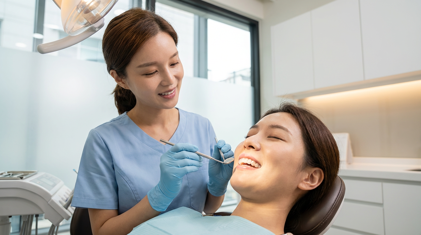 Dental hygienist at Choi & Lee Family Dentistry in La Verne, CA examining a relaxed patient's teeth during a routine cleaning appointment.
