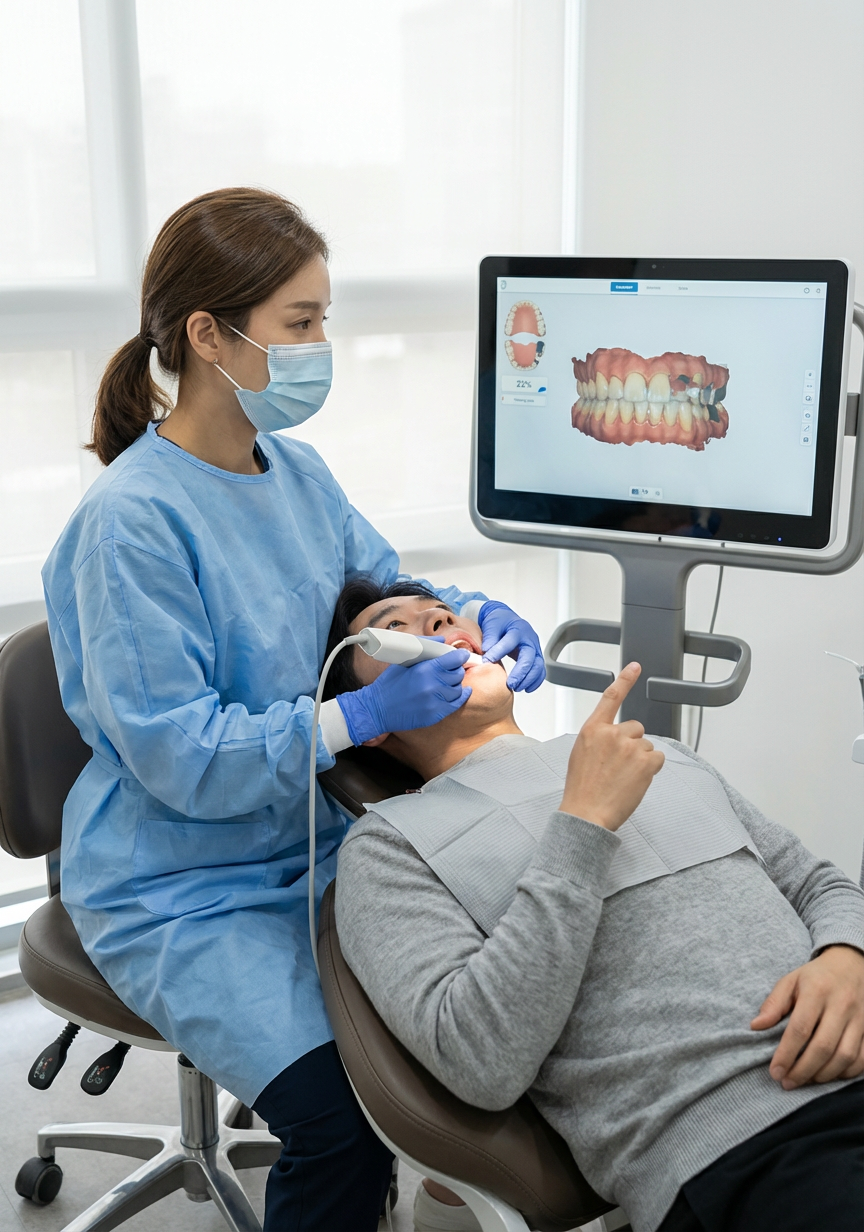 Dentist at Choi & Lee Family Dentistry in La Verne, CA using a digital intraoral scanner to capture a 3D image of a patient's teeth.