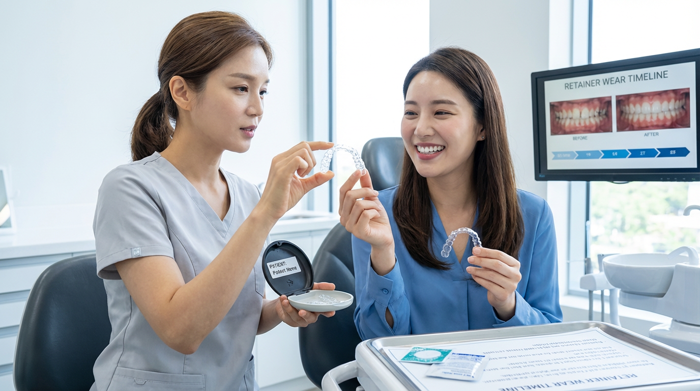 A dental team member shows a smiling patient a clear aligner tray during a consultation, with a labeled aligner display on the counter at Choi & Lee Family Dentistry in La Verne, CA.
