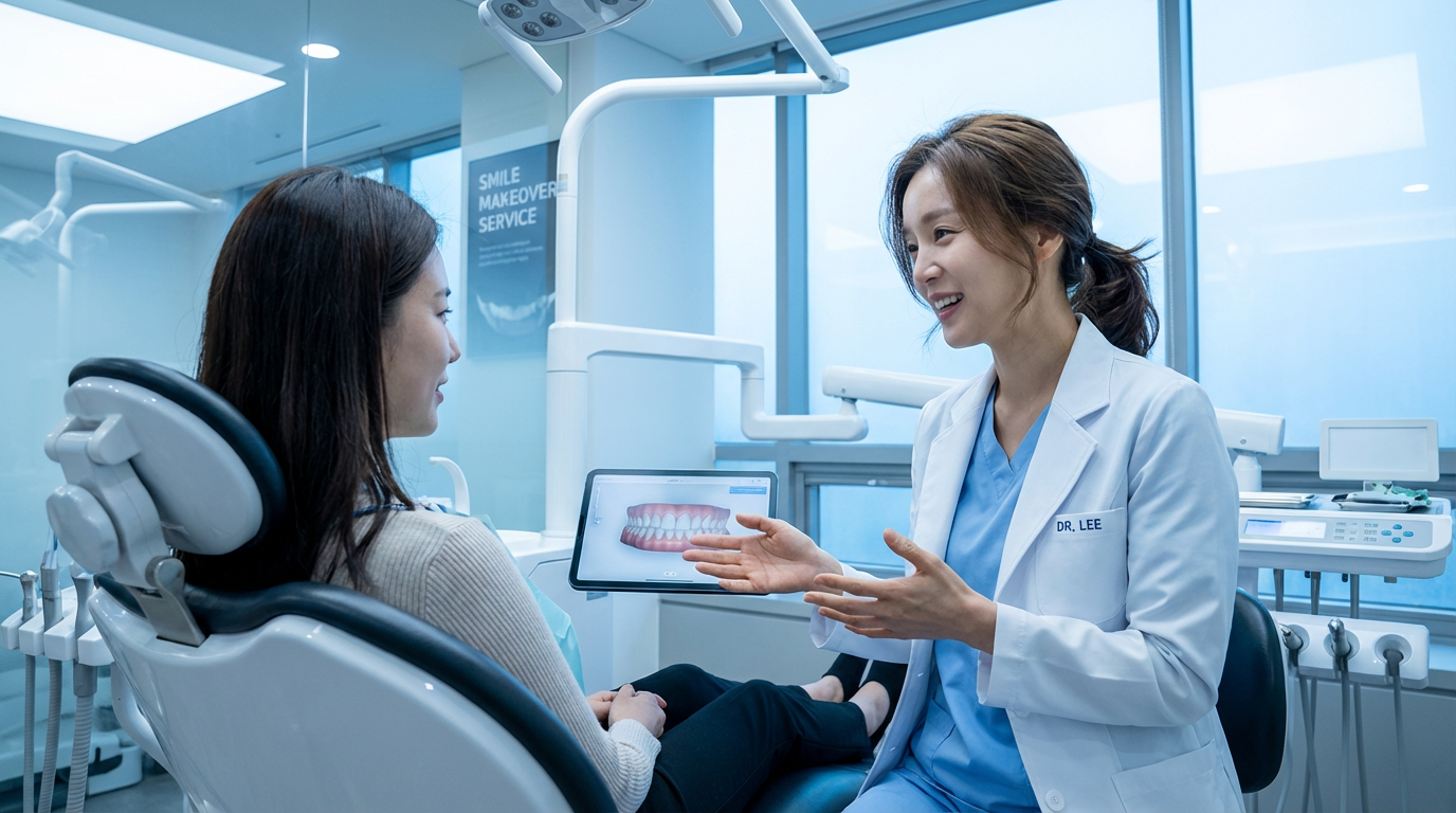 A dental provider in blue scrubs speaks with a smiling patient seated in a dental chair, with tooth images displayed on a monitor in the background.