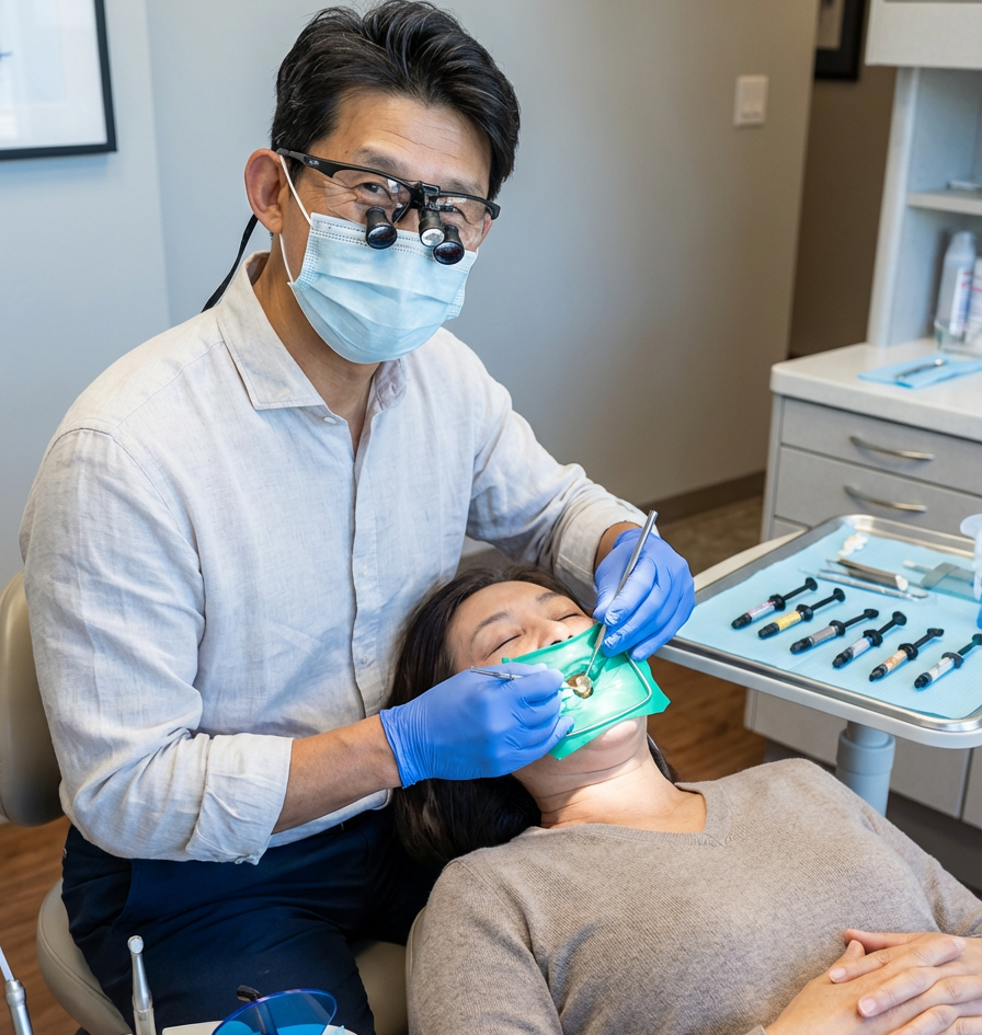 A dentist wearing loupes and blue gloves places a composite filling on a patient's tooth using a dental dam, with composite resin syringes and a curing light on a tray at Choi & Lee Family Dentistry in La Verne, CA.