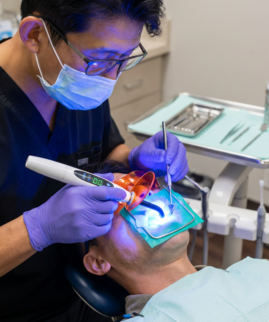 A dentist in dark scrubs and blue gloves uses a curing light to bond a composite filling on a patient's tooth while a dental dam isolates the treatment area at Choi & Lee Family Dentistry in La Verne, CA.