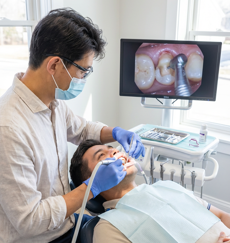 A dentist in blue gloves treats a patient's tooth while a close-up intraoral camera image displays on a monitor in the background.