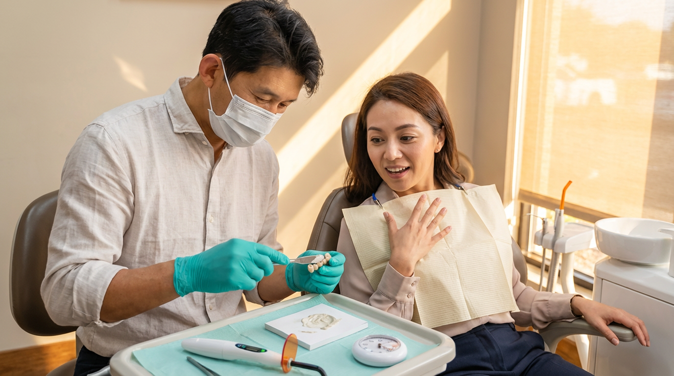 A dentist wearing gloves shows a patient a dental bridge model during a consultation at Choi & Lee Family Dentistry in La Verne, CA.