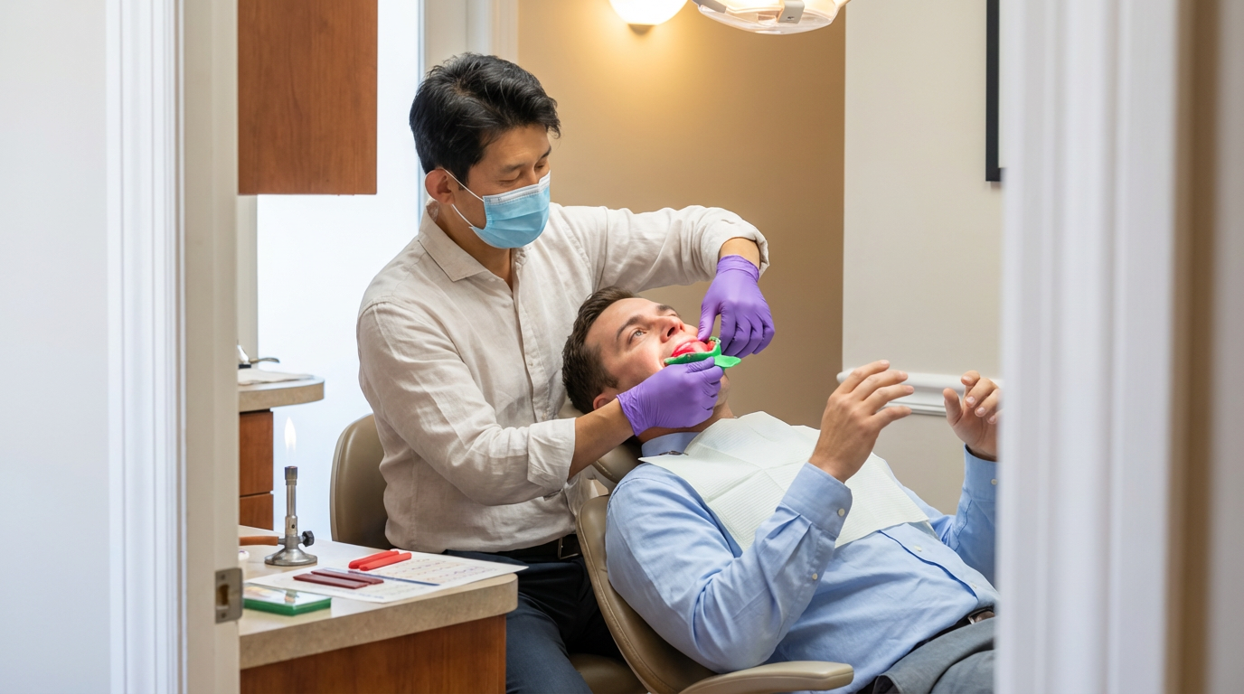 A dentist and patient reviewing denture options together at Choi and Lee Family Dentistry in La Verne, CA.