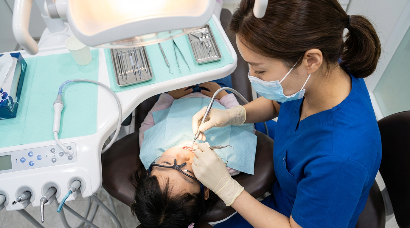 Overhead view of a female dental hygienist in blue scrubs performing a professional cleaning on a young patient wearing safety glasses with sterilized instruments on a tray at Choi and Lee Family Dentistry in La Verne, CA