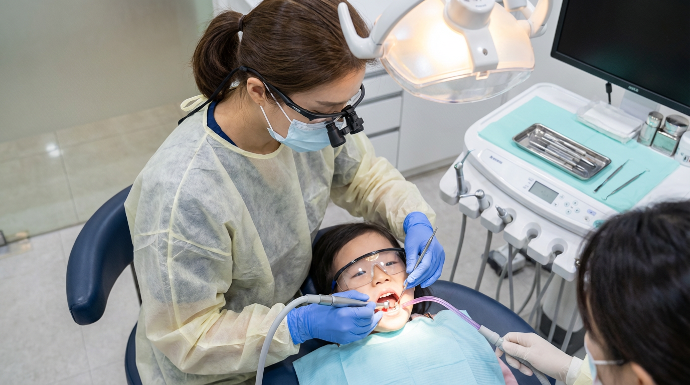Overhead view of a female dentist wearing magnifying loupes and a protective gown performing a detailed cleaning on a young patient with assistance from a dental team member at Choi and Lee Family Dentistry in La Verne, CA