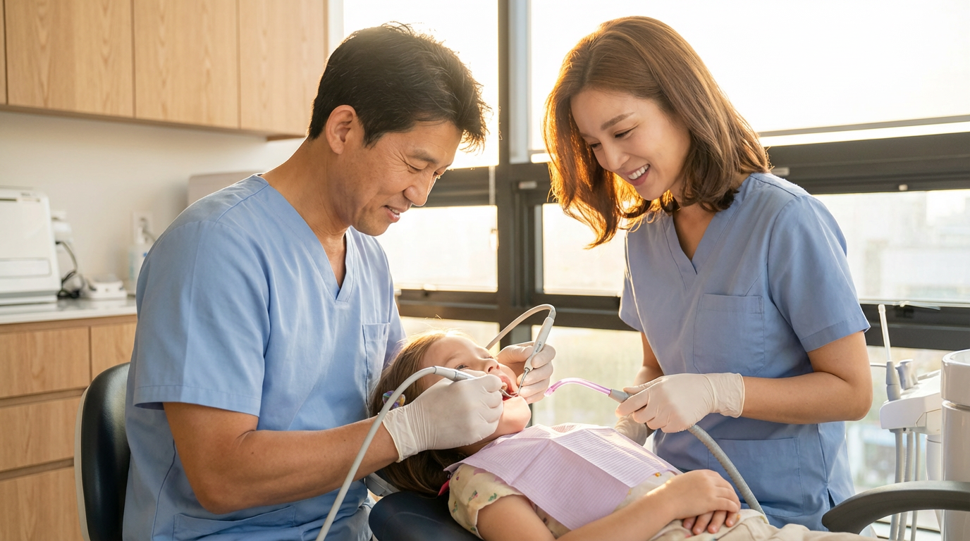 Male dentist and female assistant performing a gentle dental cleaning on a young child in a bright treatment room at Choi and Lee Family Dentistry in La Verne, CA