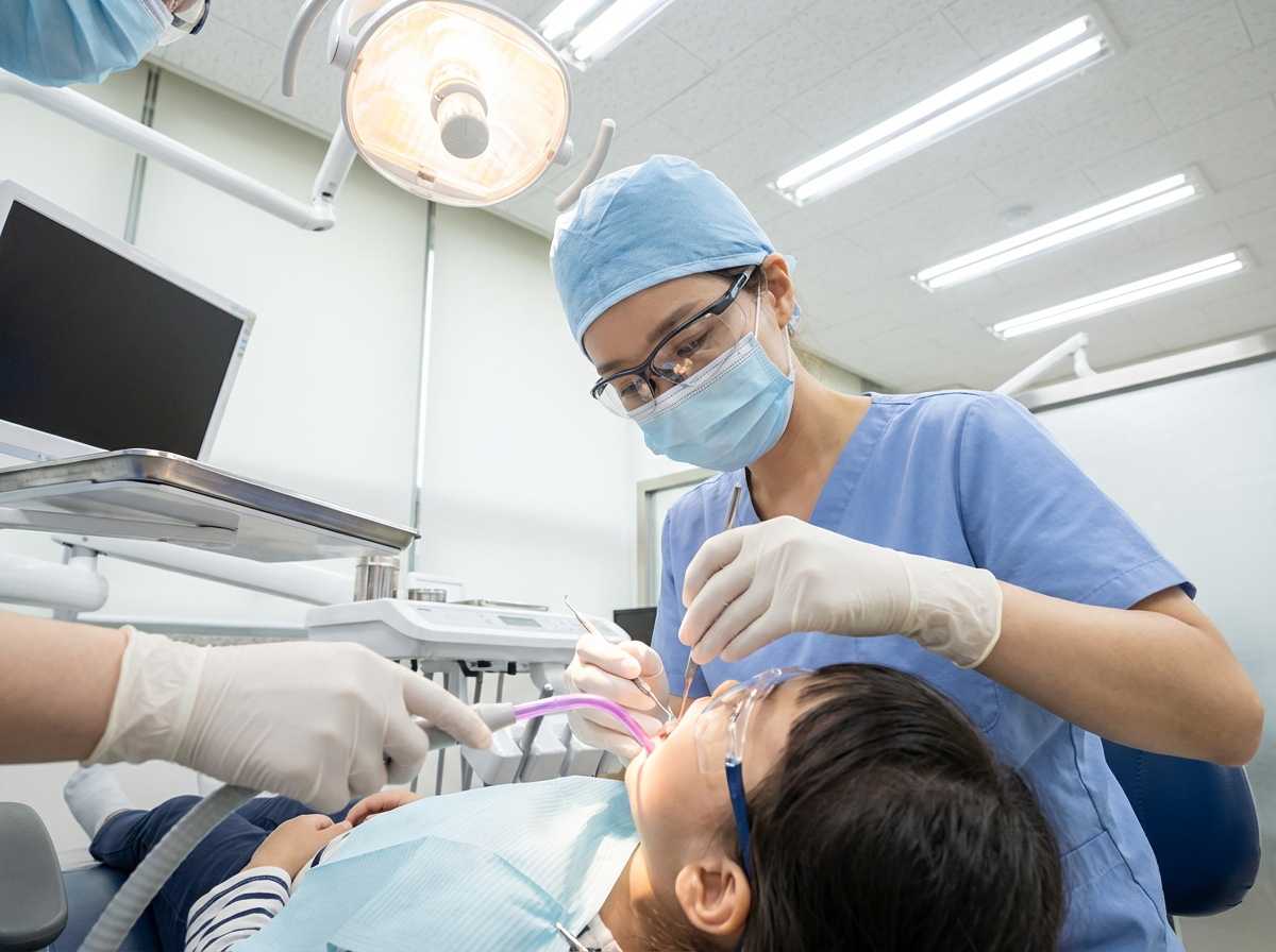 Female dental professional in blue scrubs and protective eyewear carefully cleaning a young child's teeth with a suction tool during a pediatric visit at Choi and Lee Family Dentistry in La Verne, CA