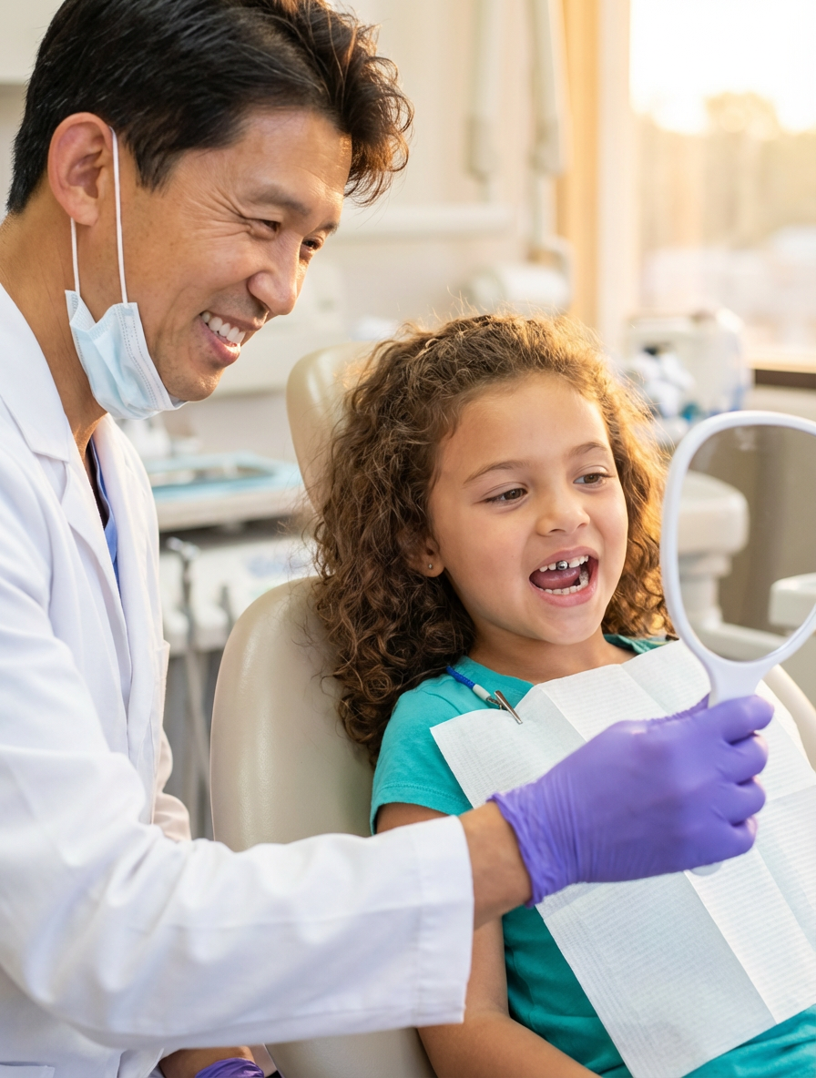 Male dentist in a white coat smiling warmly while a young girl looks at her teeth in a handheld mirror during a positive pediatric dental visit at Choi and Lee Family Dentistry in La Verne, CA