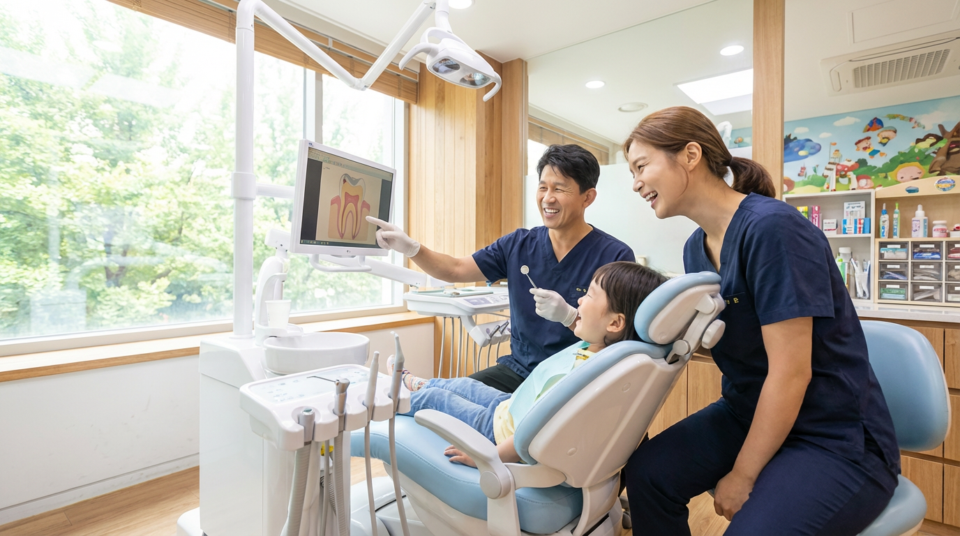 Male dentist showing a young patient an animated tooth diagram on a chairside monitor while a female assistant smiles in a bright pediatric dental operatory at Choi and Lee Family Dentistry in La Verne, CA