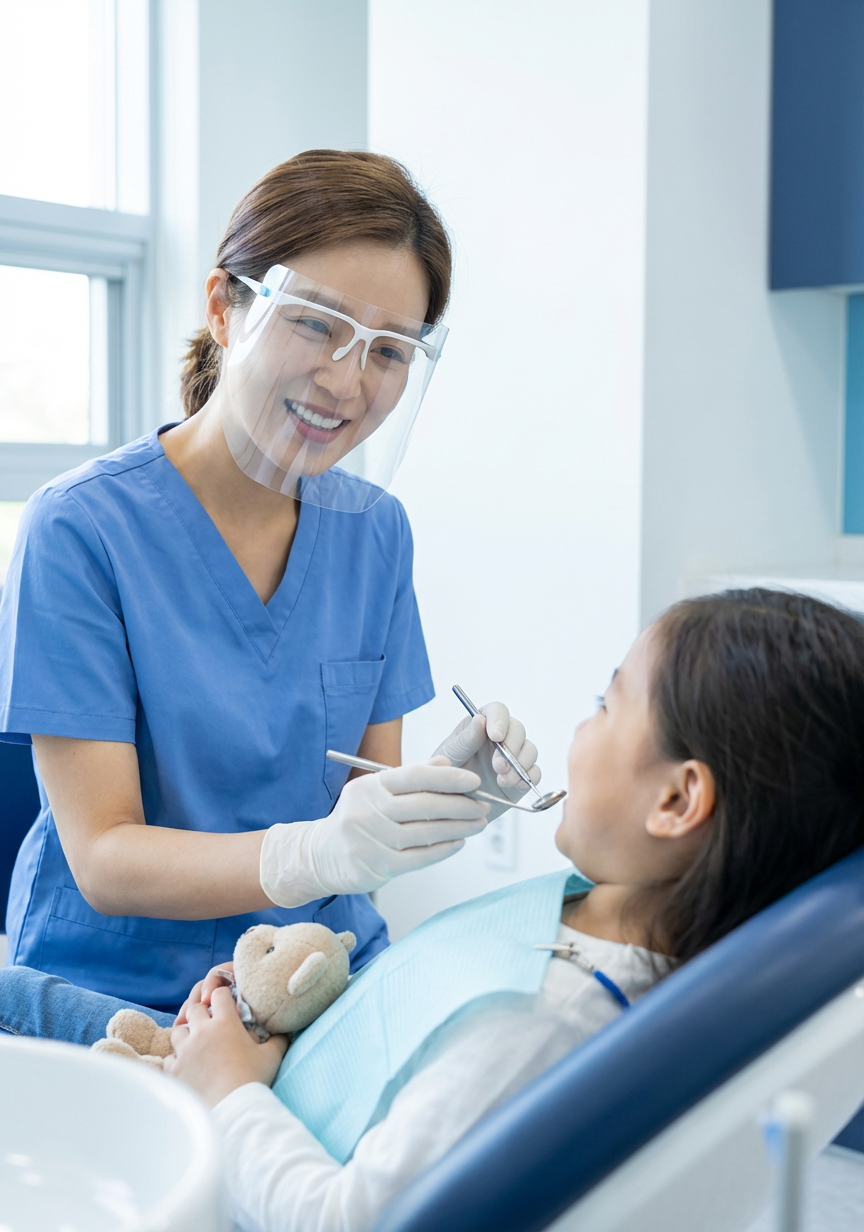Female dental hygienist in blue scrubs smiling while demonstrating proper flossing technique to a young patient during a preventive care visit at Choi and Lee Family Dentistry in La Verne, CA