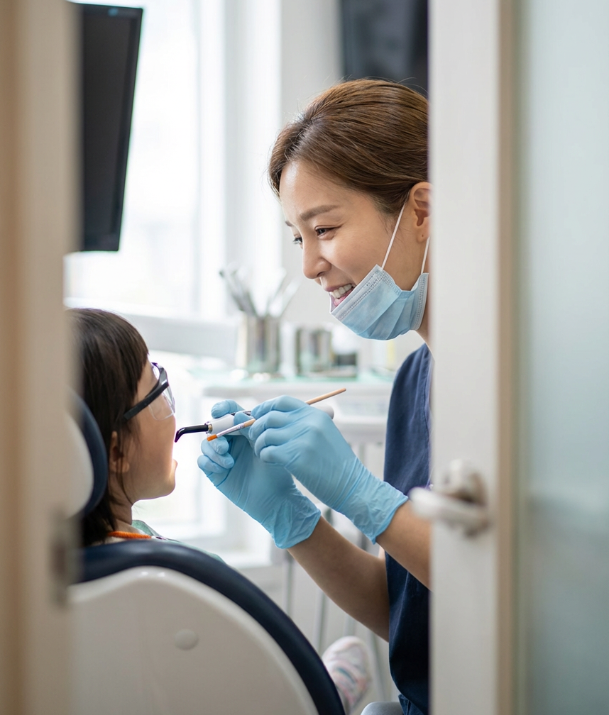 Female dentist in navy scrubs smiling warmly while examining a young child patient wearing safety glasses during a gentle pediatric checkup at Choi and Lee Family Dentistry in La Verne, CA