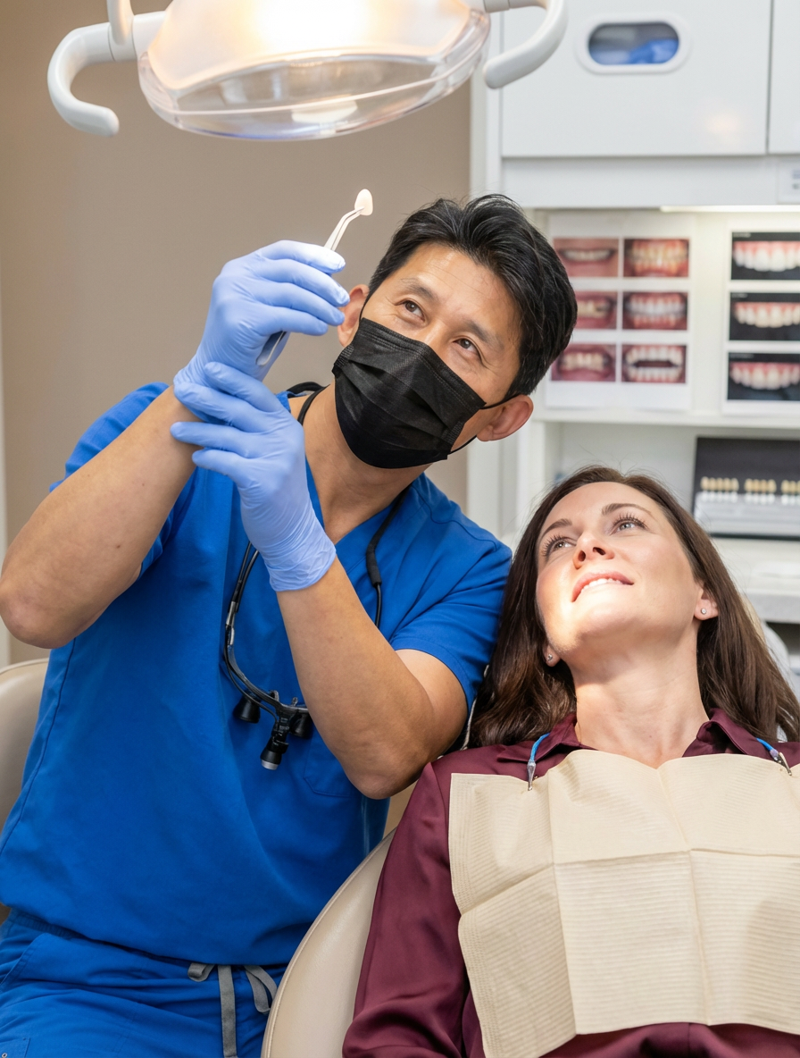 A dentist in blue scrubs and a black mask examines a patient's teeth using a dental mirror under the overhead light. The patient sits in the dental chair wearing a protective bib, with dental shade guides visible on shelves in the background.