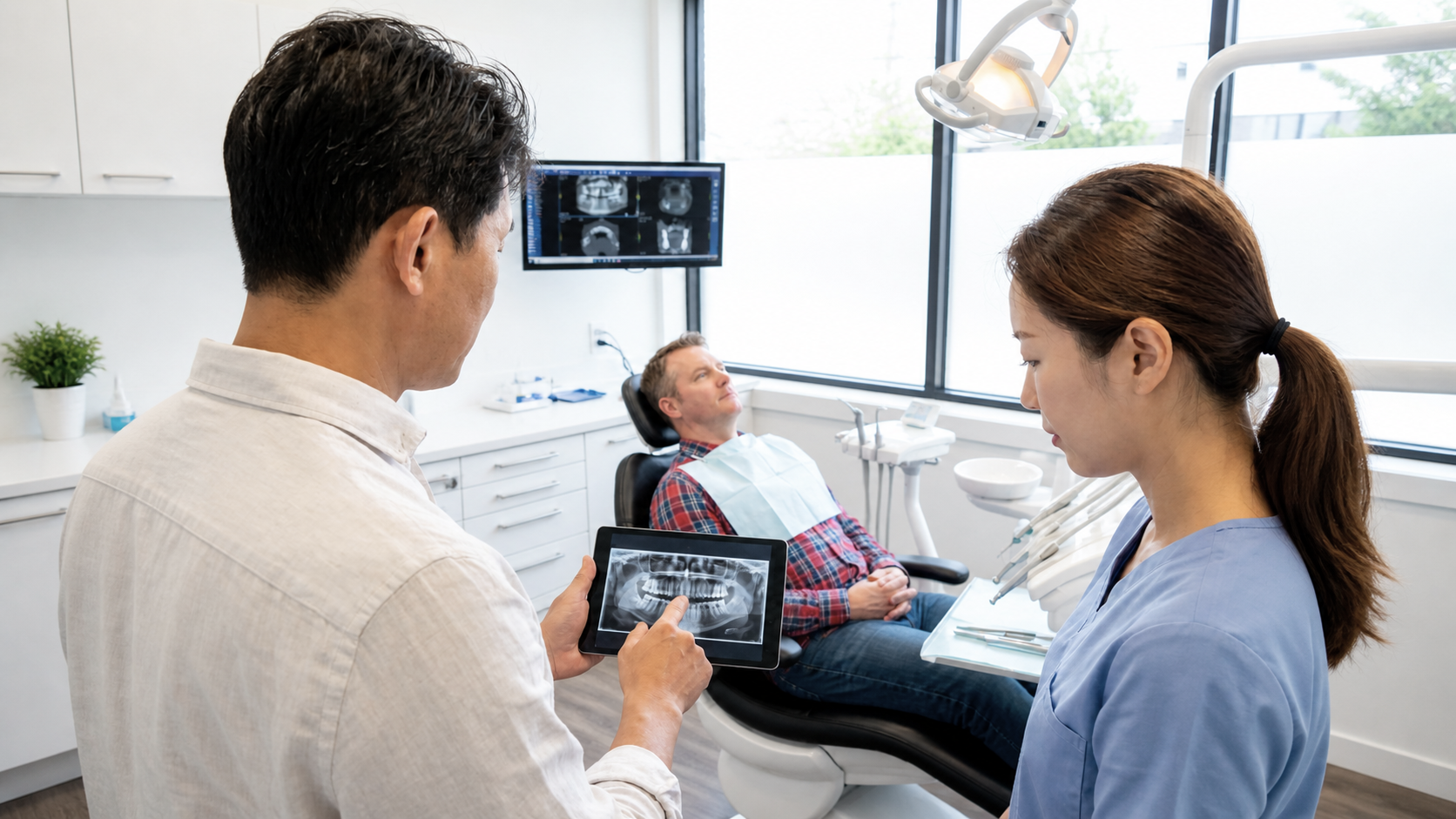 Dentist showing panoramic teeth X-ray on a tablet while consulting with a patient and assistant.