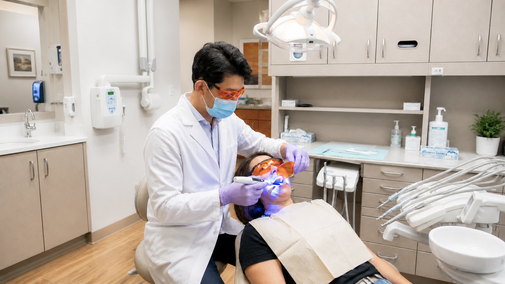 Dr. Choi in mask and gloves performing cosmetic dental treatment with blue curing light.