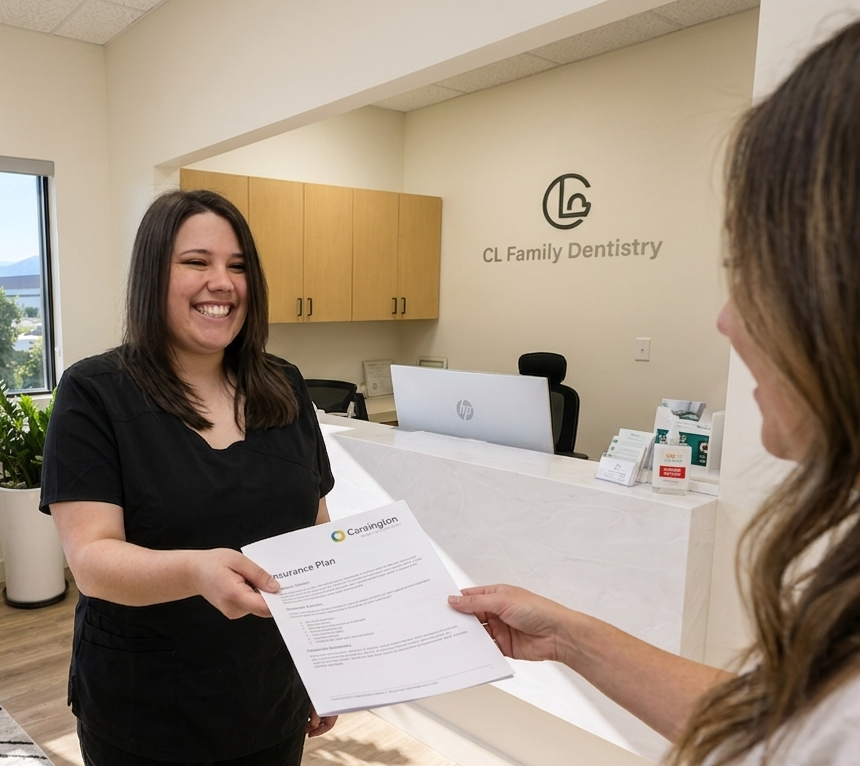 In a modern, sunlit dental office with a prominent 'CL Family Dentistry' wall sign, a smiling woman in black scrubs behind a marble reception counter hands a paper document to a customer.