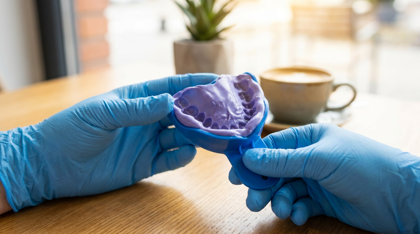 Close-up view of a dental impression tray filled with impression material, being gently held by a dental assistant's gloved hands.