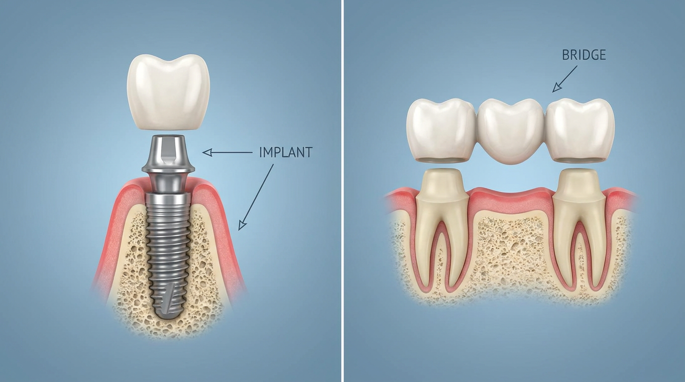 Two comparative illustrations: one showing a dental implant with a screw and crown, and the other showing a three-unit dental bridge fixed to two natural