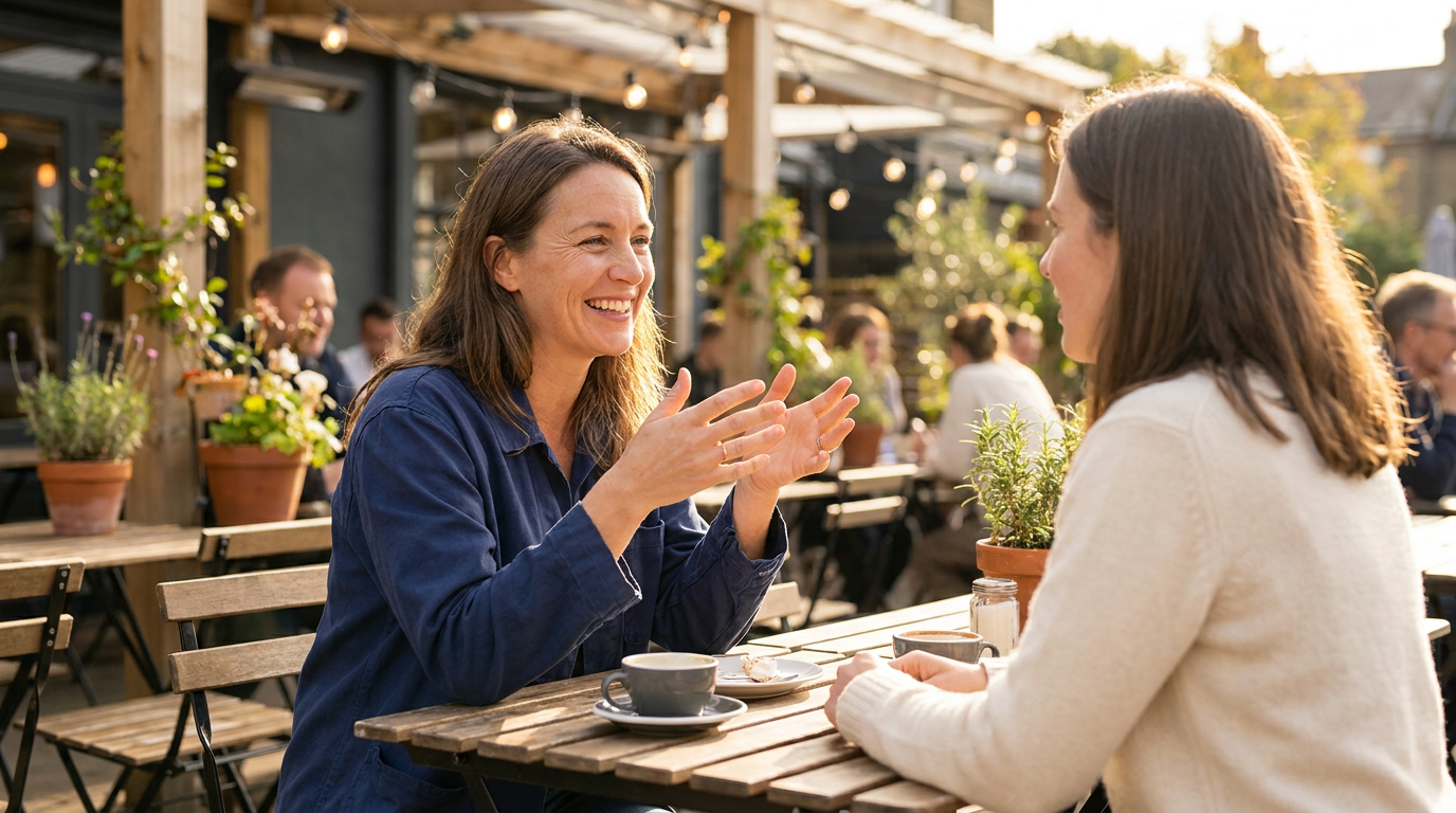 Zoe, smiles genuinely and confidently while talking to Vanessa, over coffee at an outdoor cafe.