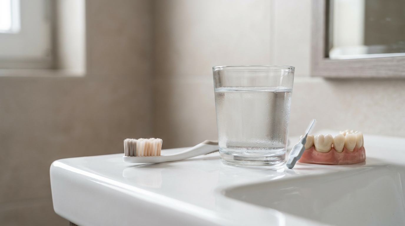 A close-up shot of a toothbrush and a small interdental brush resting on a clean, white bathroom counter next to a glass of water, emphasizing tools for proper