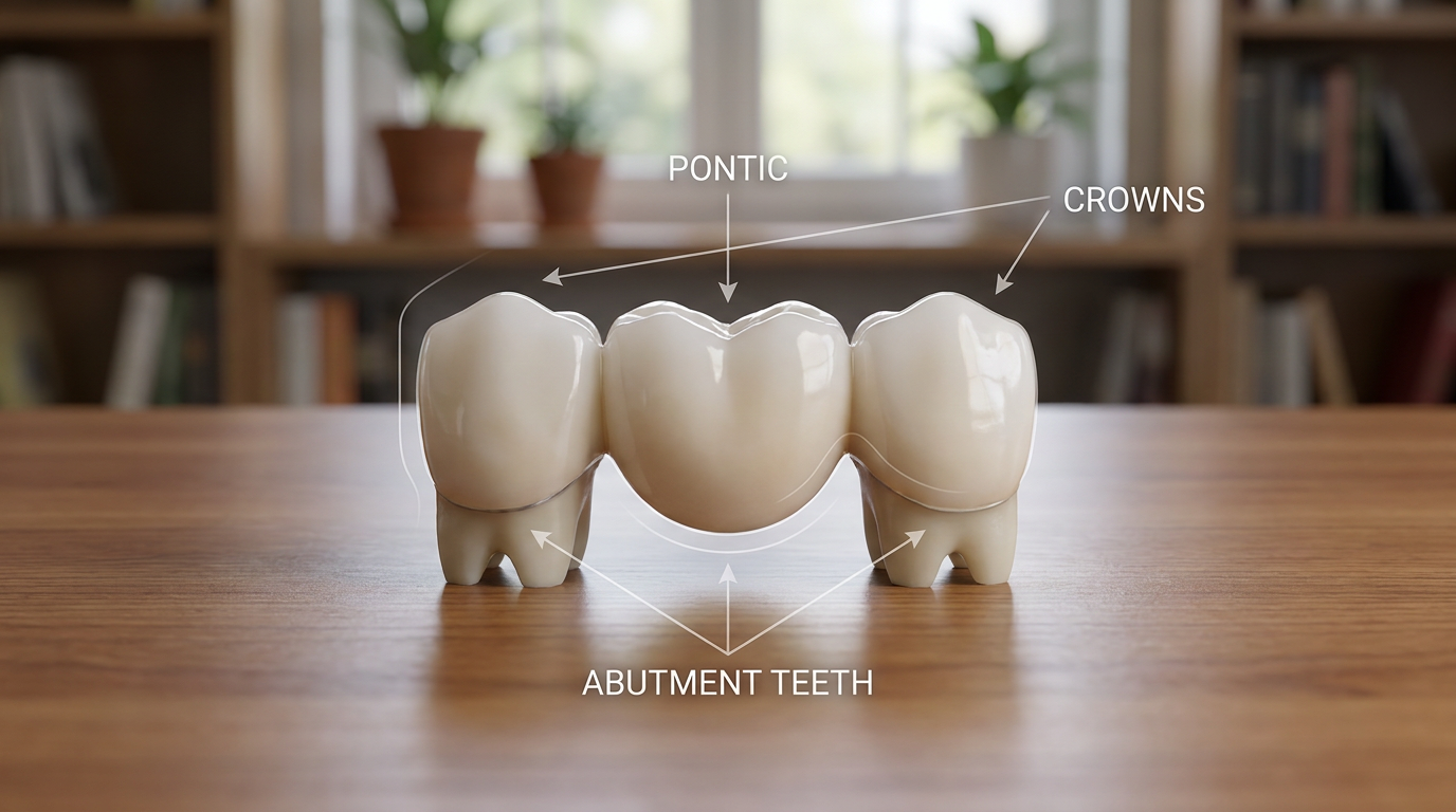 A detailed, clear visual representation of a dental bridge.