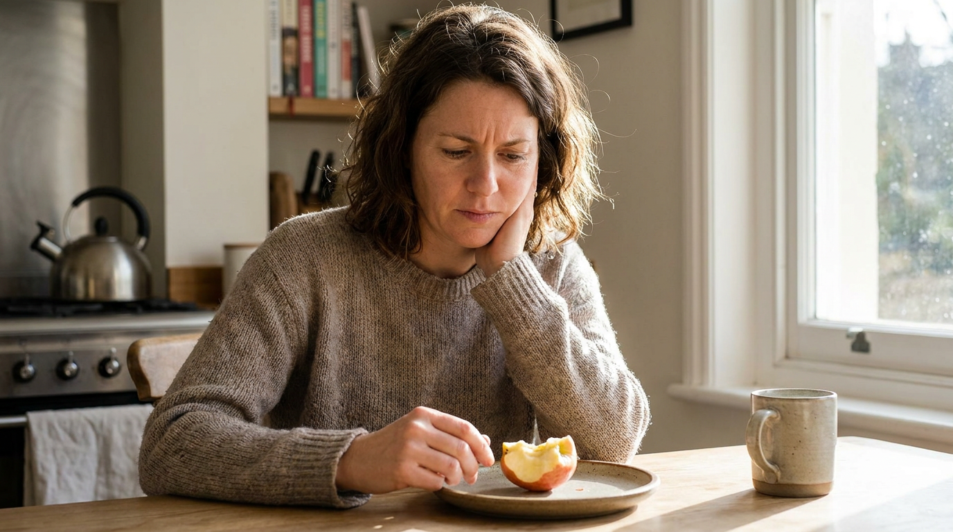 Zoe, sits at a kitchen table, looking thoughtfully at a half-eaten apple, a slight expression of discomfort on her face.