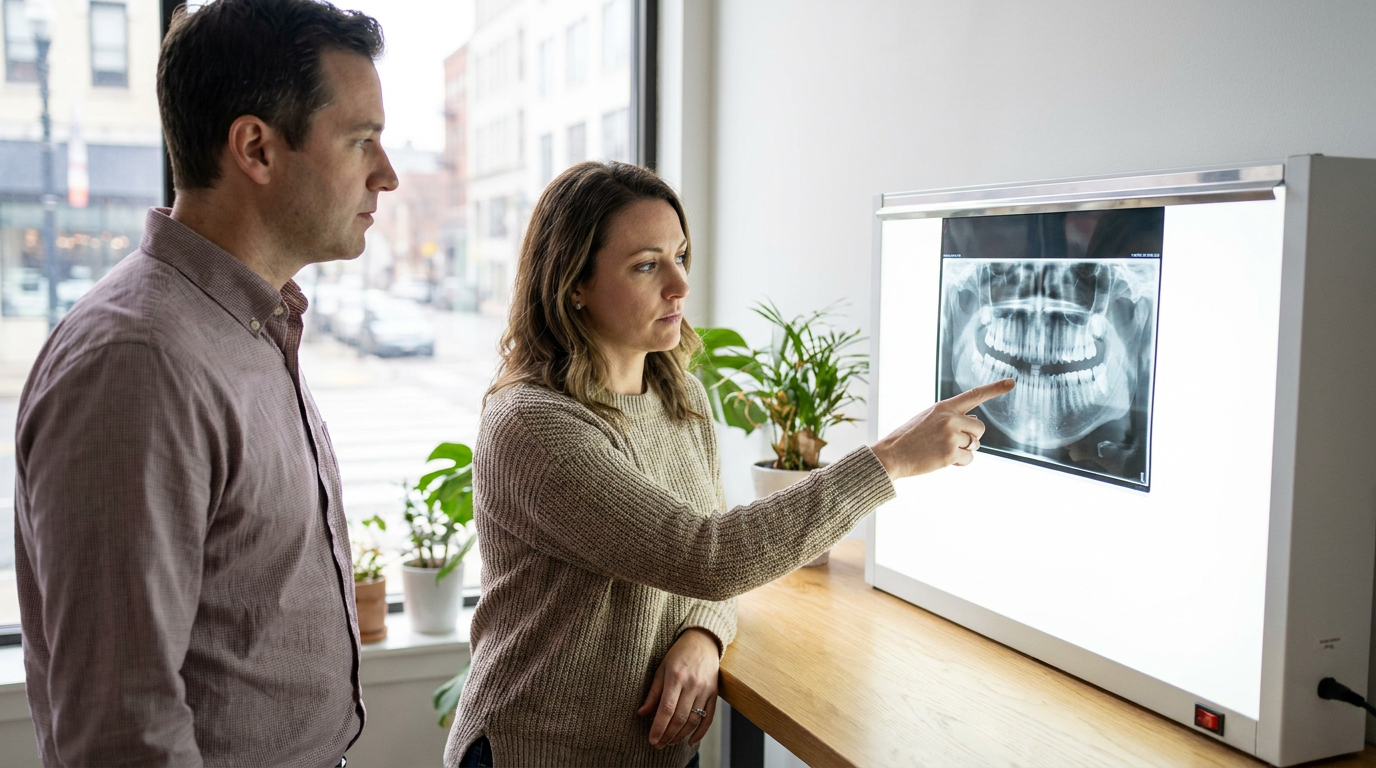 Natalie, stands in front of an X-ray light box, pointing to a section of her jaw X-ray image that clearly shows a healthy, dense jawbone structure, indicating