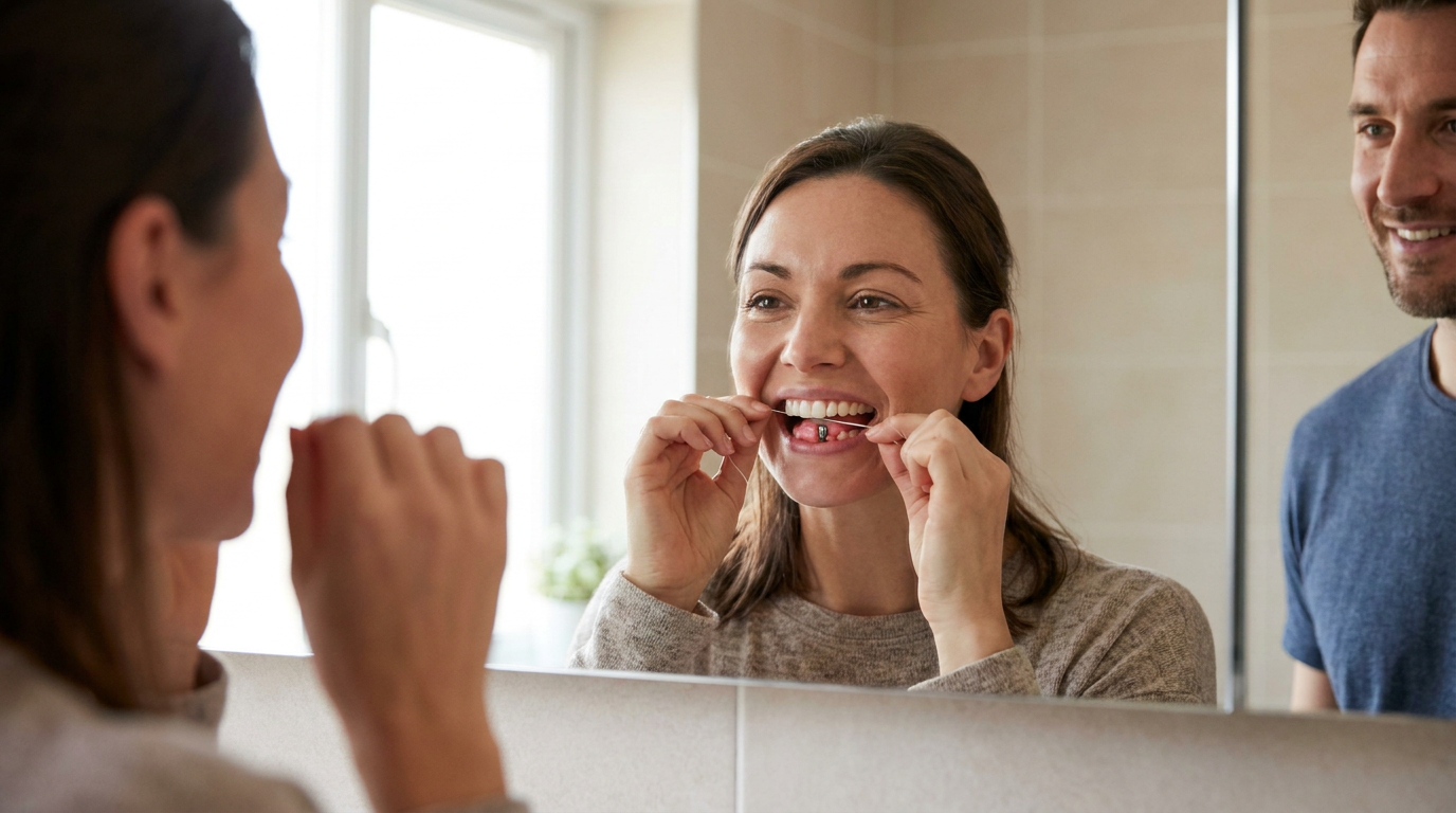 Natalie, smiling brightly as she meticulously flosses around a dental implant in her mouth, reflected in a bathroom mirror.