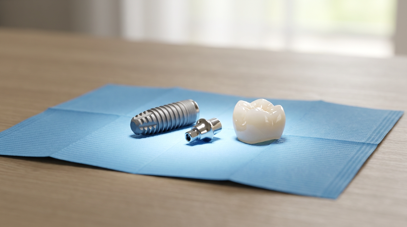 A close-up shot of the three key components of a dental implant: a titanium implant post (fixture), a small metal abutment, and a lifelike ceramic crown, all