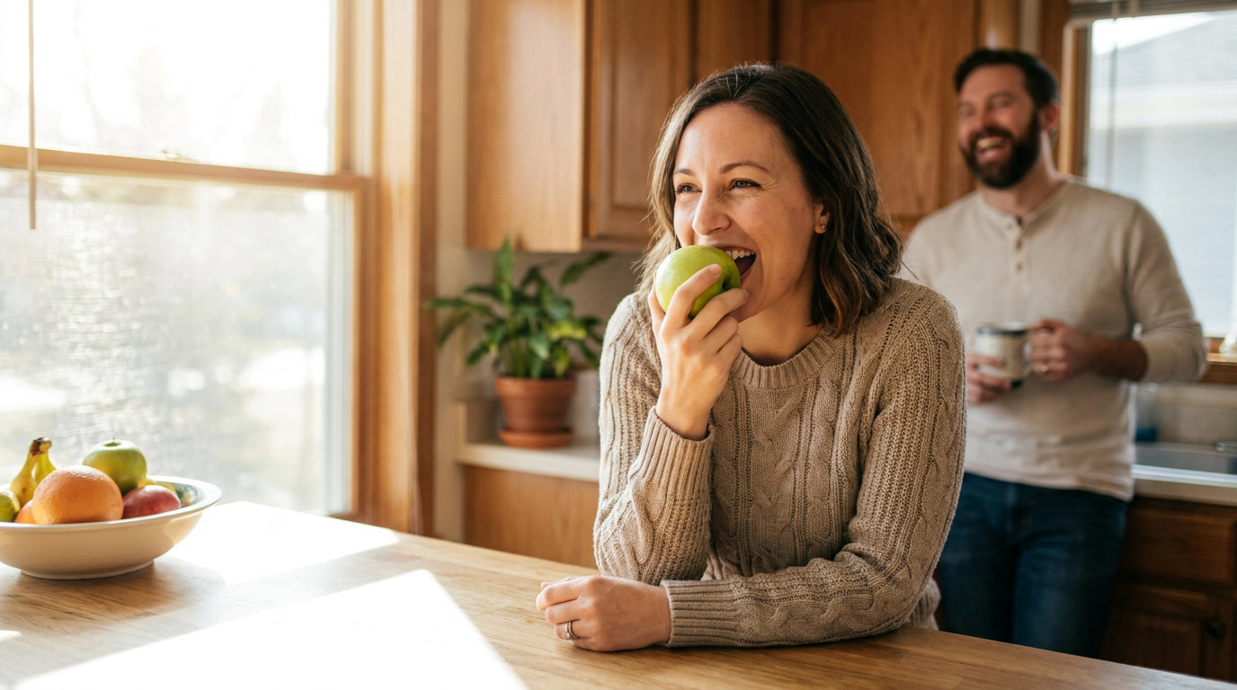Natalie, confidently eating a crisp green apple at a sunlit kitchen island.