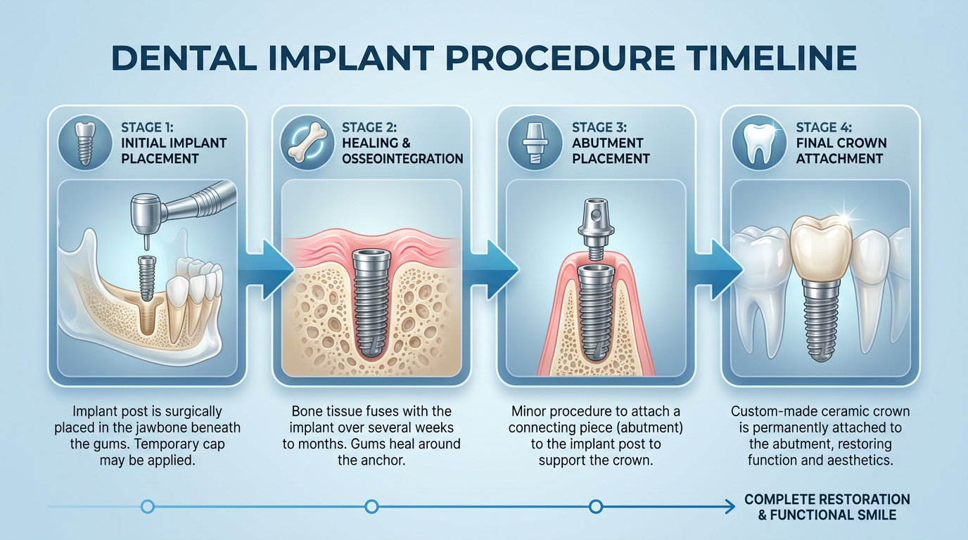 A detailed infographic illustrating the four main stages of the dental implant procedure timeline: initial implant placement, healing and osseointegration