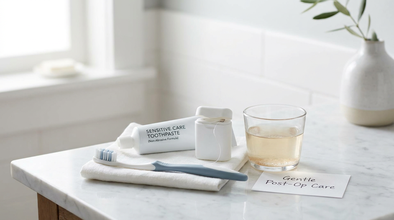 A still life composition showing a soft-bristled toothbrush, a tube of non-abrasive toothpaste, a container of dental floss, and a small cup of warm salt water