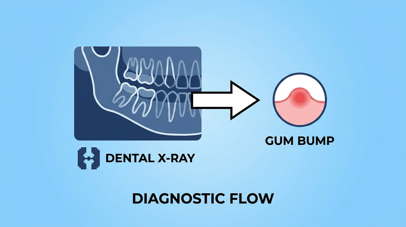 Minimal-text infographic-style visual showing a simplified, abstract dental X-ray alongside a small, unobtrusive diagram of a gum bump, with an arrow pointing