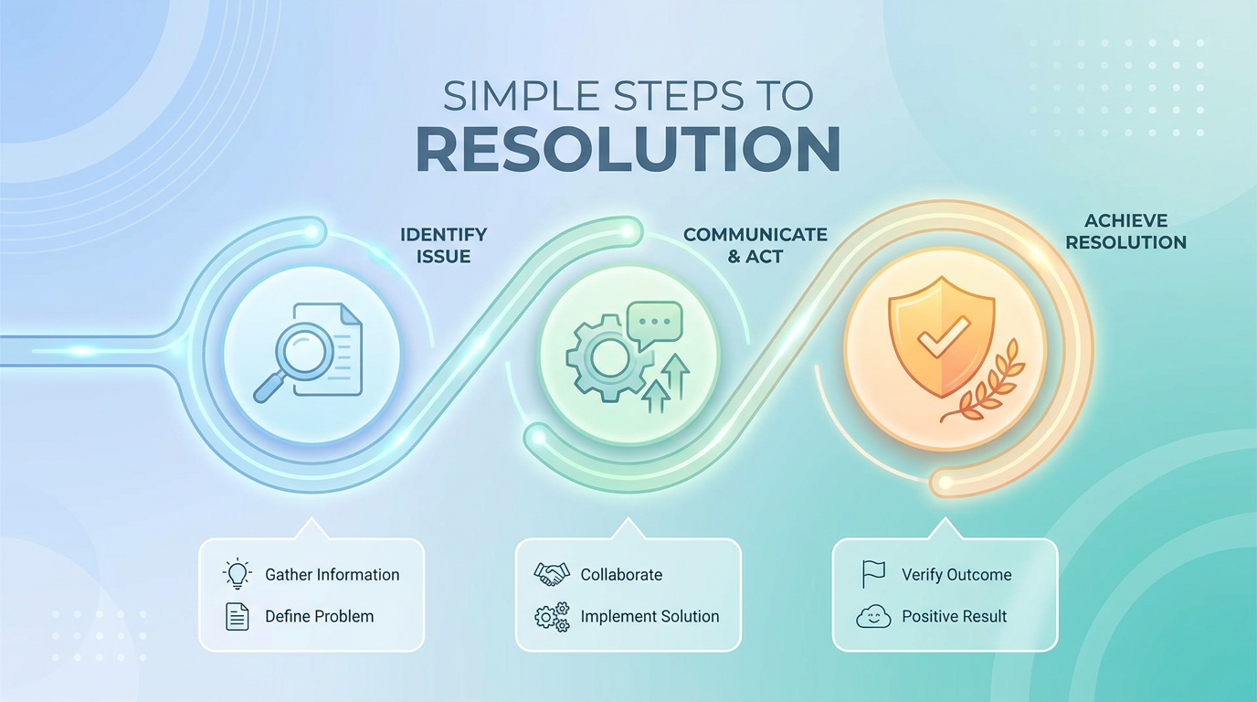 One-phrase callout-style visual: "Simple Steps to Resolution" with a modern, reassuring aesthetic.