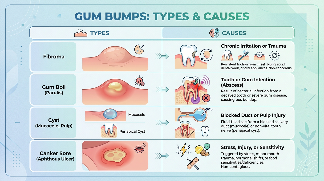 Minimal-text table-style comparison visual for "Gum Bumps: Types & Causes," listing common types like "Fibroma," "Gum Boil," "Cyst," "Canker Sore" in one