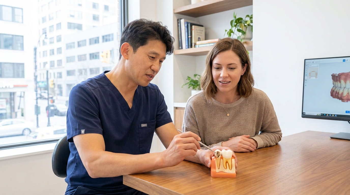 Photorealistic lifestyle dental scene of Danielle, looking relieved and listening attentively to Dr.