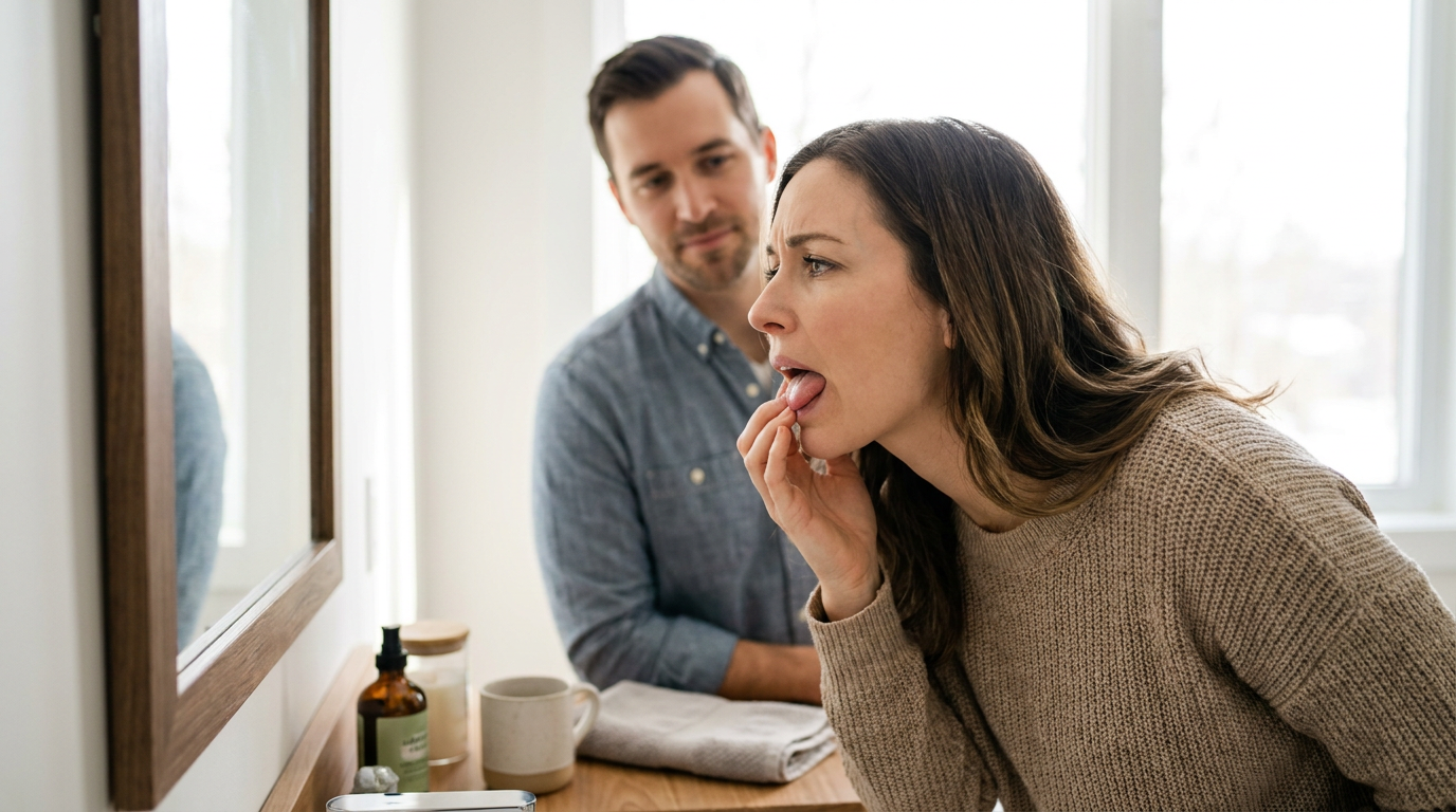Photorealistic lifestyle dental scene of Danielle, gently probing a small area on her gum with her tongue, a subtle look of concern on her face, while looking